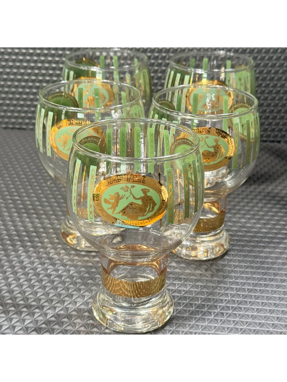 5 MCM Cera Cora Cocktail Water Goblets Barware Gold & Green Federal Glass 10oz